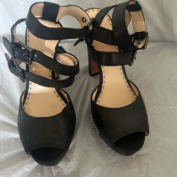 Coach Bliss 3 strap black leather sandal 5 inch heel 1 inch platform size 10B - Picture 1 of 5